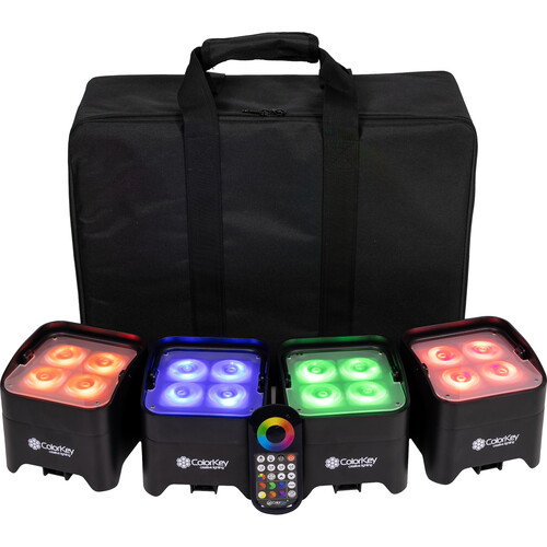 ColorKey MobilePar Mini Hex 4 MKII Wireless Battery-Powered RGBAW+UV LED Fixture Bundle with Carrying Case (4-Pack)