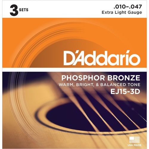 D'Addario EJ15-3D Extra Light Phosphor Bronze Multi-Pack Acoustic Guitar Strings (6-String Set 10 - 47 3-Pack)