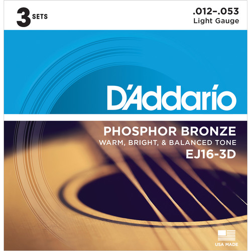 D'Addario EJ16-3D Light Phosphor Bronze Multi-Pack Acoustic Guitar Strings (6-String Set 12 - 53 3-Pack)
