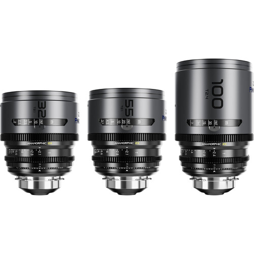 DZOFilm PAVO 2x Anamorphic 32/55 T2.1 & 100mm T2.4 3-Lens Set (Blue Coating PL/EF Mount Feet)