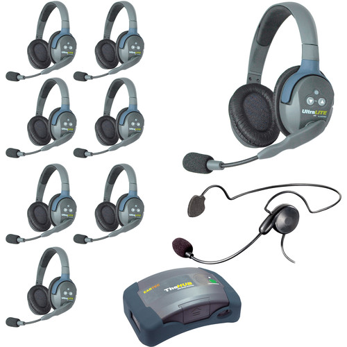 EARTEC HUB9DCYB 9-Person Wireless Intercom with 8 Ultralite Dual Ear Headsets and 1 Plug-in Cyber Headset