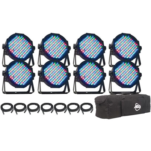 Eliminator Lighting MEGA FLAT PAK8 EP Kit with 8 Mega Par Profile EP LED Pars 7 DMX Cables and Carrying Bag