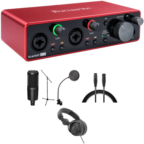 White background displaying a red FocusRite Scarlett 2i2 USB, a microphone, a floor mic stand, headphones, pop filter, and mic cable