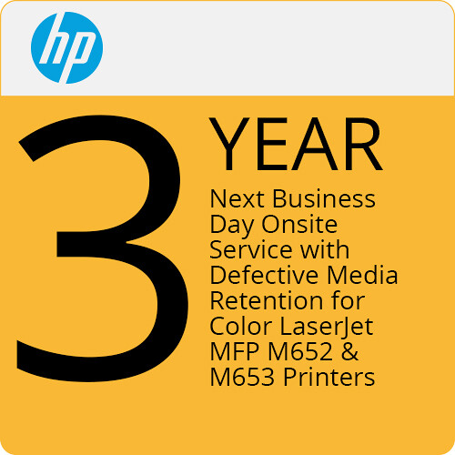 HP 3-Year Next Business Day Onsite Service with Defective Media Retention for Color LaserJet MFP M652 & M653 Printers