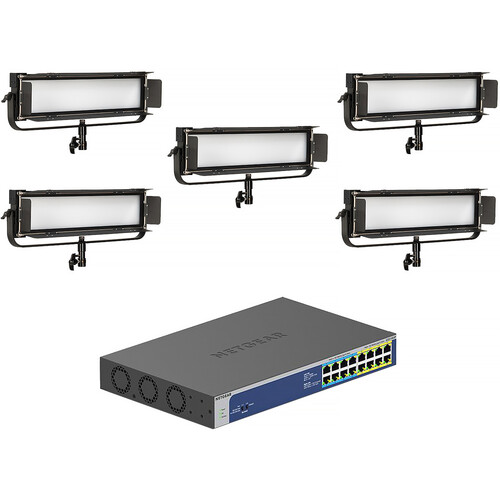 ikan Lyra LBX8-PoE Bi-Color LED Light Panel (Black Unmanaged Switch 5-Light Kit)