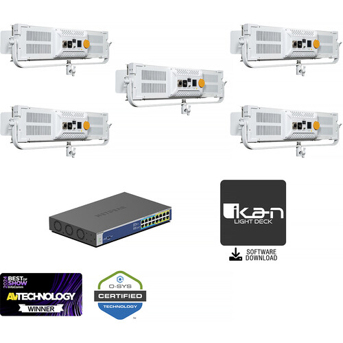 ikan Lyra LBX8-PoE Bi-Color LED Light Panel (White Unmanaged Switch 5-Light Kit)
