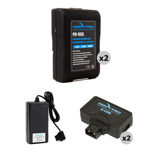 IndiPRO Tools 2 x PD-95S 95Wh V-Mount Batteries D-Tap Charger & 2 x USB Adapters Kit