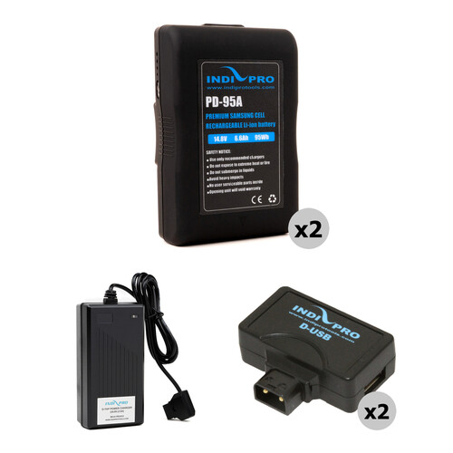 IndiPRO Tools 2 x PD-95A 95Wh Gold Mount Batteries D-Tap Charger & 2 x USB Adapters Kit