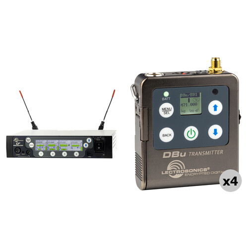 Lectrosonics DSQD 4-Channel Digital Wireless Receiver with Dante Kit with Four DBu Bodypack Wireless Transmitters (470 to 608 MHz)