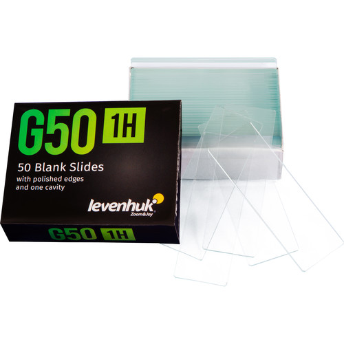 Levenhuk G50 1H Single Concave Blank Slides with Polished Edges, 0.04-0.05 in (1.0?1.2 mm) Thickness and 0.6 in (15 mm) Cavities, 50 pcs