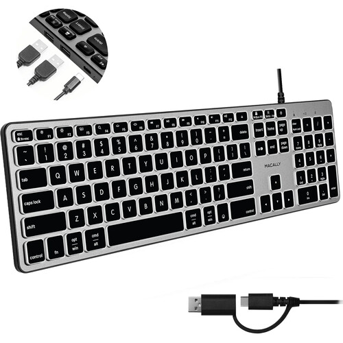 Macally Dual Connection Backlit Keyboard with Built-In USB Hub for Mac