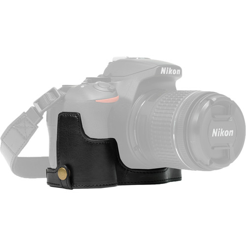 MegaGear Nikon D5600, D5500 Ever Ready Leather Camera Half Case and Strap, with Battery Access - Black - MG1170