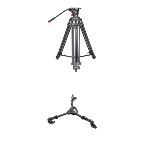 miliboo Aluminum Tripod with Flat Base Fluid Head Kit and Tripod Dolly