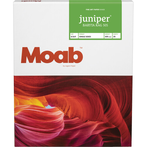 Moab Juniper Baryta Rag 305, 100% Cotton Fine Art Archival Inkjet Paper, Semi-Gloss Natural White, Heavy Weight 305gsm, 8.5 x 11 inches, 25 Sheets