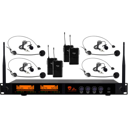 Nady DW-44-LT-HM Four-Channel UHF Wireless Microphone System with Four Lavalier Mics & Four HM-3 Headsets (Black B1: 905.8 to 925.9 MHz)