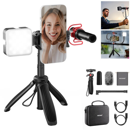 Neewer PA045 Smartphone Vlogging Kit with LED Light Selfie Stick Tripod and Microphone