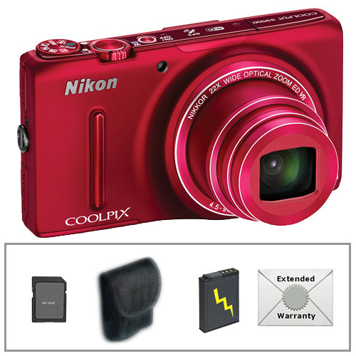 Nikon COOLPIX S9500 Digital Camera Deluxe Kit (Red) B&H Photo
