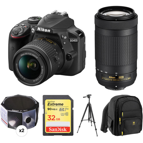 Nikon D3400 with 1855mm and 70300mm Lenses Solar Eclipse Kit