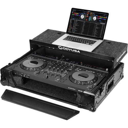 Odyssey Black Label Flight Case for AlphaTheta DDJ-GRV6 with Glide-Style Laptop Platform and Corner Wheels (All Black 1 RU)