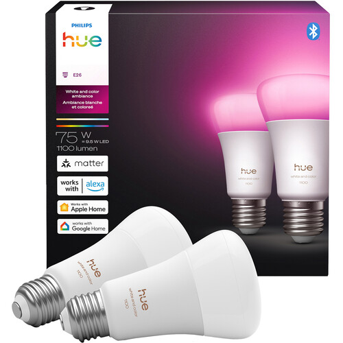 Philips Hue A19 Bulb with Bluetooth (White & Color Ambiance Matter 2-Pack)