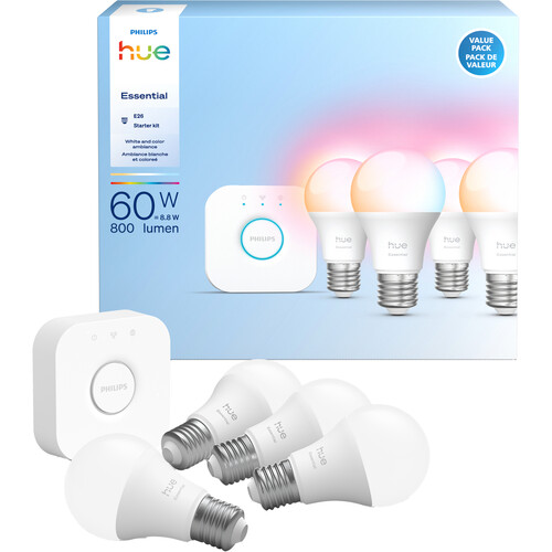 Philips Hue Essential A19 Starter Kit (White & Color Ambiance Matter 4-Pack)