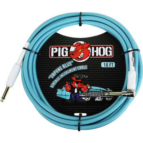 Pig Hog PCH10DBR 1/4" to 1/4" Right-Angle Daphne Blue Guitar Instrument Cable, 10 Feet (2-Pack)