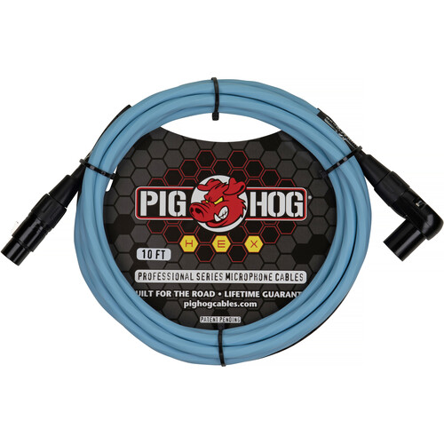 Pig Hog Hex Series XLR Microphone Cable (Daphne Blue Straight to Right Angle 10')