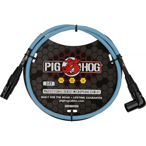 Pig Hog Hex Series XLR Microphone Cable (Daphne Blue Straight to Right Angle 3')