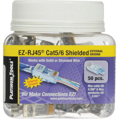 Platinum Tools Shielded EZ-RJ45 Connectors for CAT5e & CAT6 with External Ground (Jar Packaging 50-Pieces)