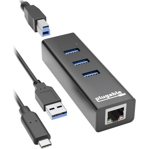 Plugable 3-Port USB 3.2 Gen 1 Hub with Gigabit Ethernet