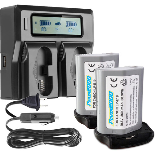Power2000 2X ACD-445 Batteries with Dual Bay LCD Charger for Canon LP-E19 Type Batteries