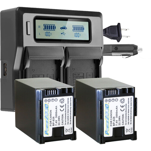 Power2000 2 x 3000mAh Li-Ion Batteries and Dual-Bay LCD Charger Kit for Canon BP-828