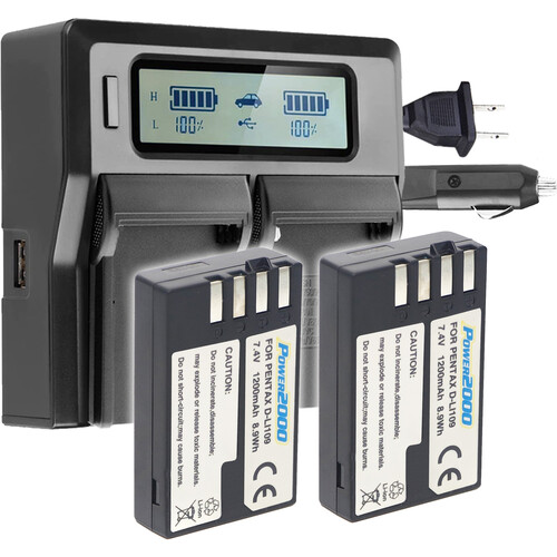 Power2000 Two Pentax D-LI109-Type Batteries with Dual-Bay LCD Charger