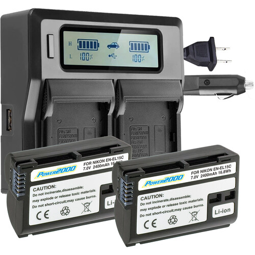 Power2000 Two Nikon EN-EL15C-Type Batteries with Dual-Bay LCD Charger