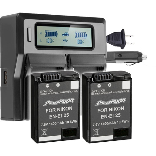 Power2000 Two Nikon EN-EL25-Type Batteries and Dual-Bay LCD Charger