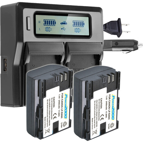 Power2000 Two Canon LP-E6NH-Type Batteries with Dual-Bay LCD Charger