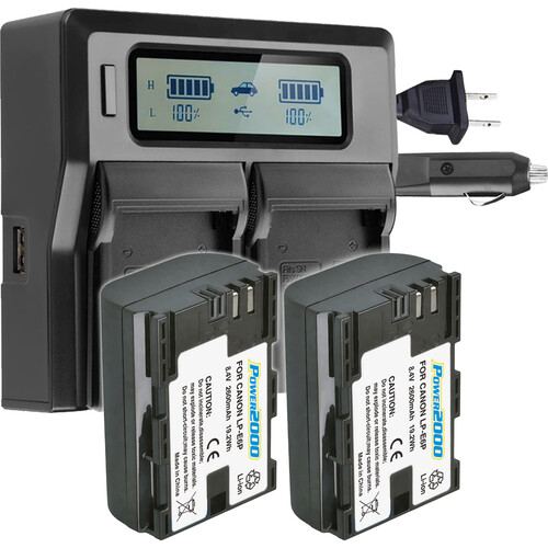 Power2000 2 x Canon LP-E6P-Type Batteries and Dual-Bay LCD Charger