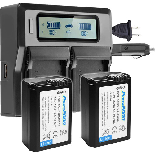 Power2000 Sony NP-FW50 Batteries & Dual-Bay LCD Charger Kit
