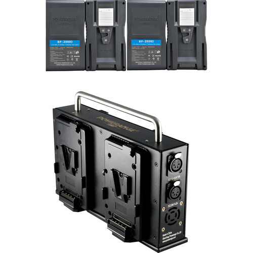 POWERANGE V-Mount Slim Portable Simultaneous Quad-Charger and 12/28VDC Power Station With 4-98Wh V-Mount Batteries