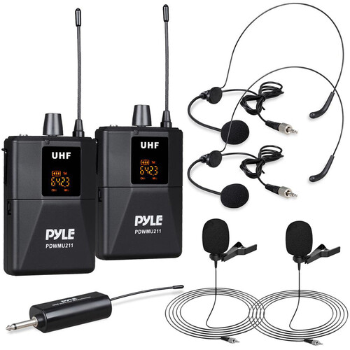 Pyle Pro PDWMU211 2-Person Wireless UHF Microphone System with 2 Lav Mics 2 Headset Mics & Plug-In Receiver