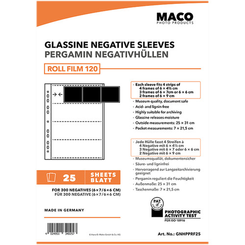 Rollei MACO Glassine Negative Sleeves for 120 Format Film (4-Strips 25-Pack)