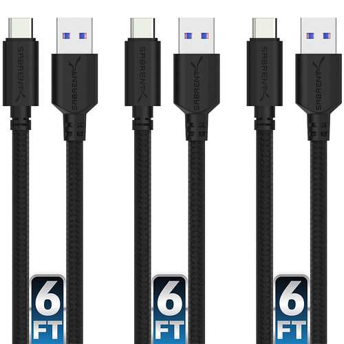 Sabrent USB 3.0 Type-C Male to Type-A Male Sync and Charge Cable (6' Black 3-Pack)
