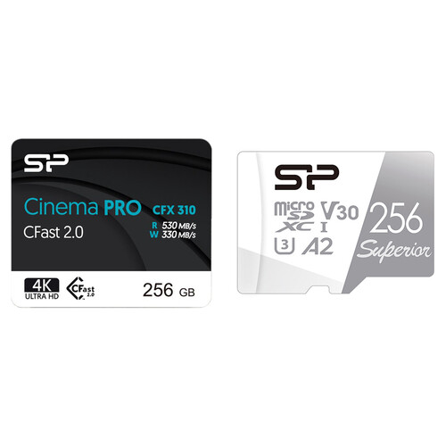 Silicon Power 256GB Cinema PRO CFX 310 cFAST 2.0 Memory Card and 256GB Superior UHS-I microSDXC Memory Card with SD Adapter Kit