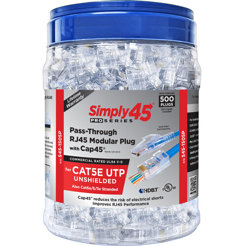 Simply45 S45-1505P ProSeries&nbspCat5e Unshielded Pass-Through RJ45 Connectors&nbspwith Cap45 (500 Count)