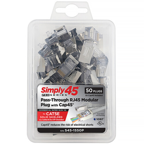 Simply45 ProSeries Cat 5e/6/6a Shielded RJ45 Pass-Through Modular Plug with Cap45 (50-Pack)