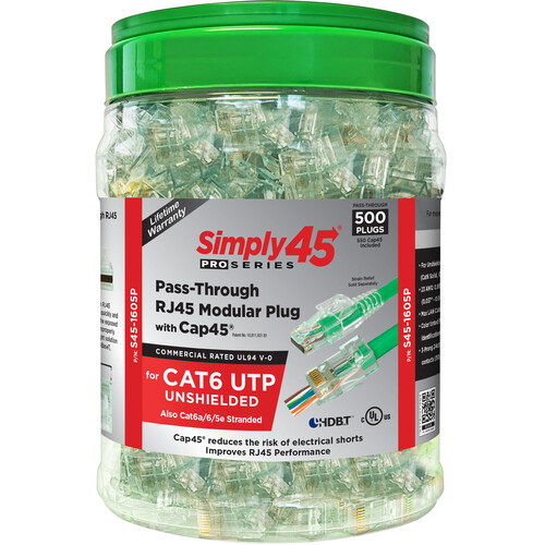 Simply45 S45-1605P ProSeries&nbspCat6 Unshielded Pass-Through RJ45 Connectors&nbspwith Cap45 (500 Count)