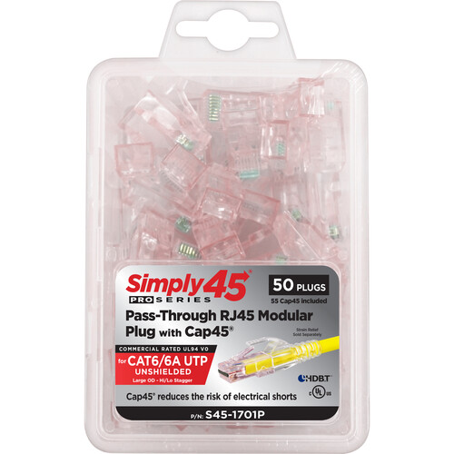 Simply45 ProSeries Cat 6/6a UTP Unshielded Pass-Through Modular Plug (Red 50-Piece Clamshell Package)