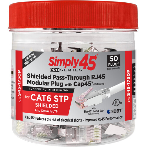 Simply45 ProSeries Cat 6 STP Shielded External Ground Pass-Through Modular Plug (Red 50-Piece Jar)