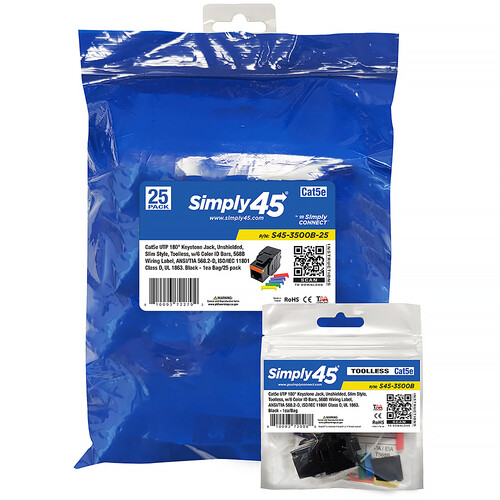 Simply45 S45-3500B-25 Cat 5e UTP 180 Degree Keystone Jack (Black 25-Pack)