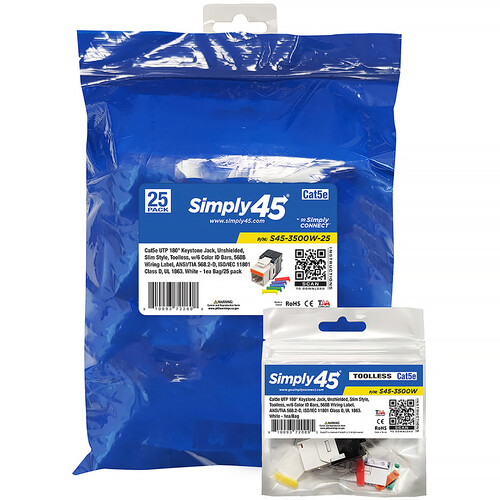 Simply45 S45-3500W-25 Cat 5e UTP 180 Degree Keystone Jack (White 25-Pack)